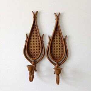 Vintage Homco Wall Sconce PAIR Brown Faux Rattan Cane Weave 1981 MCM Candelabra
